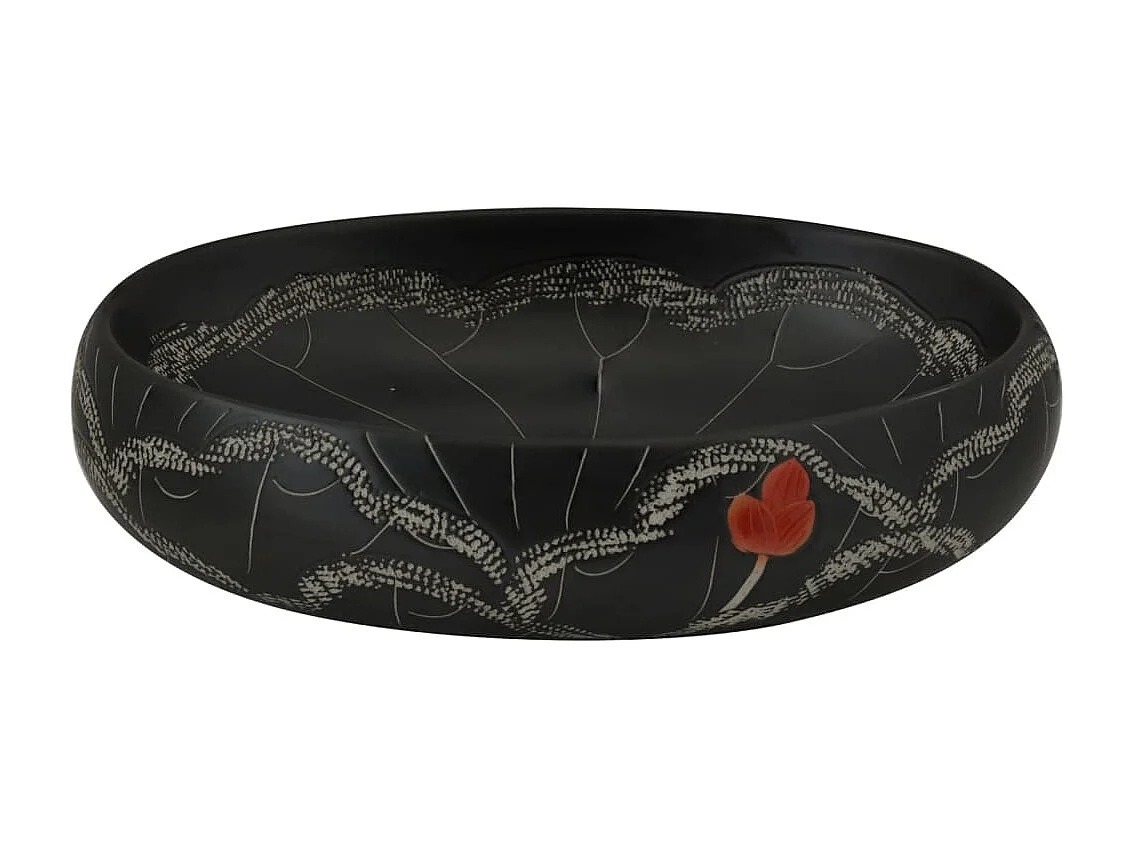 Lavatório de bancada oval em cerâmica preta 59x40x15 cm para banheiro moderno