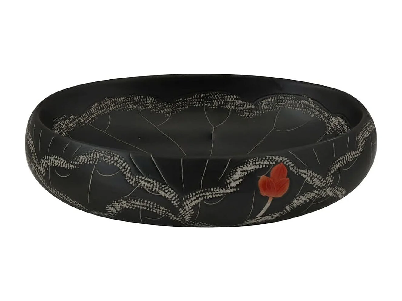 Lavatório de bancada oval em cerâmica preta 59x40x15 cm para banheiro moderno