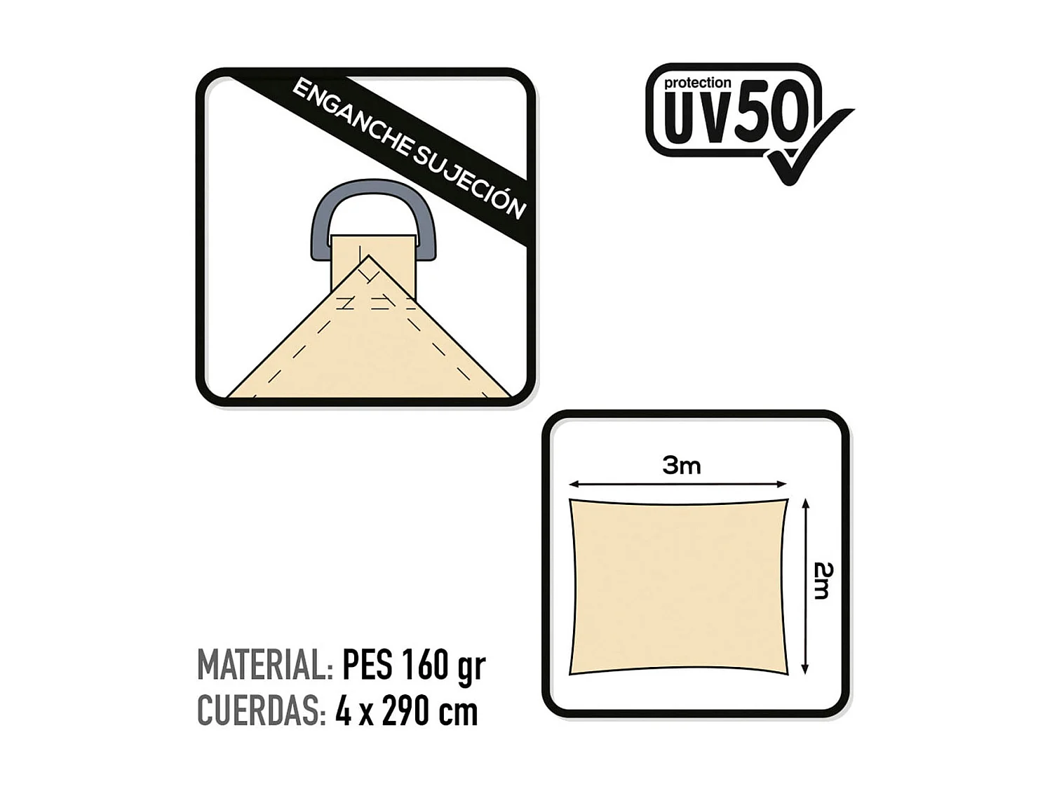 Toldo vela sombreo Aktive Garden rectangular protección UV50 poliéster crema 2x3m
