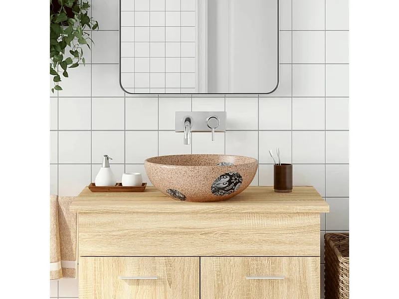 Lavatório de Bancada Redondo em Cerâmica Castanho e Azul - 41x14 cm