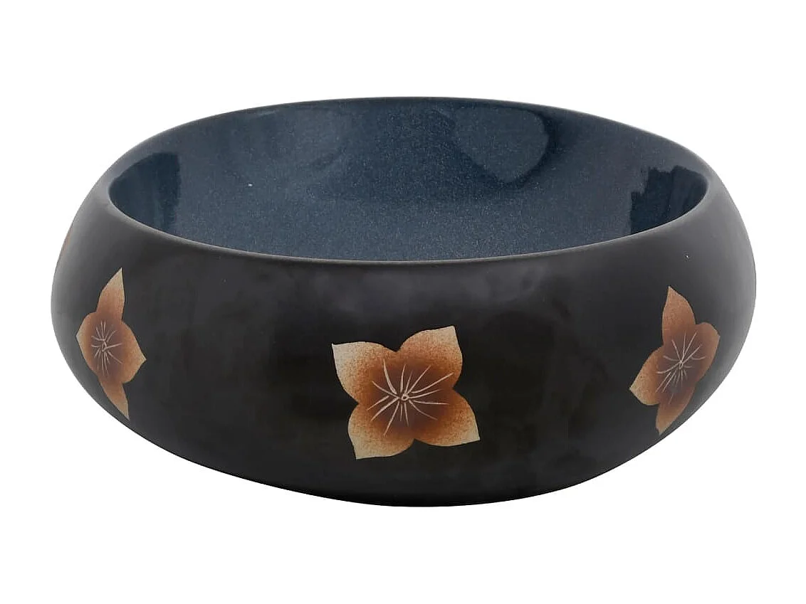 Lavatório de bancada oval em cerâmica preto e azul de 59x40x15 cm para banheiro elegante