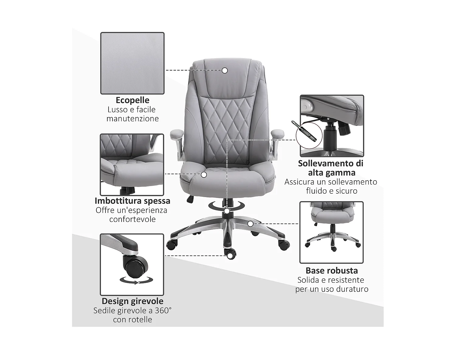 Sedia da ufficio ergonomica e imbottita con ruote grigia