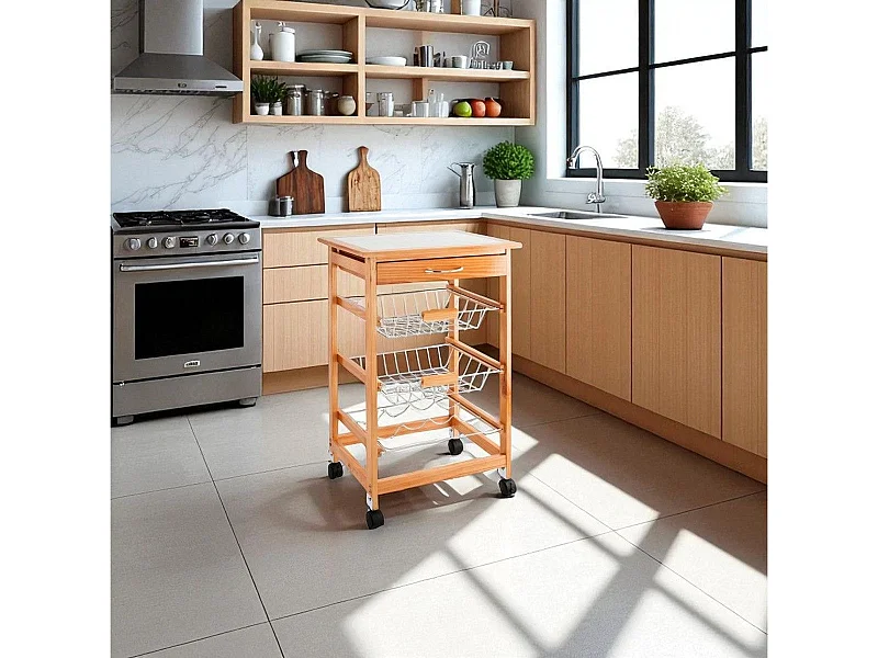 Carrito auxiliar Garbo Quid 2 cestas + botellero + cajón natural/blanco 76x47x37 cm