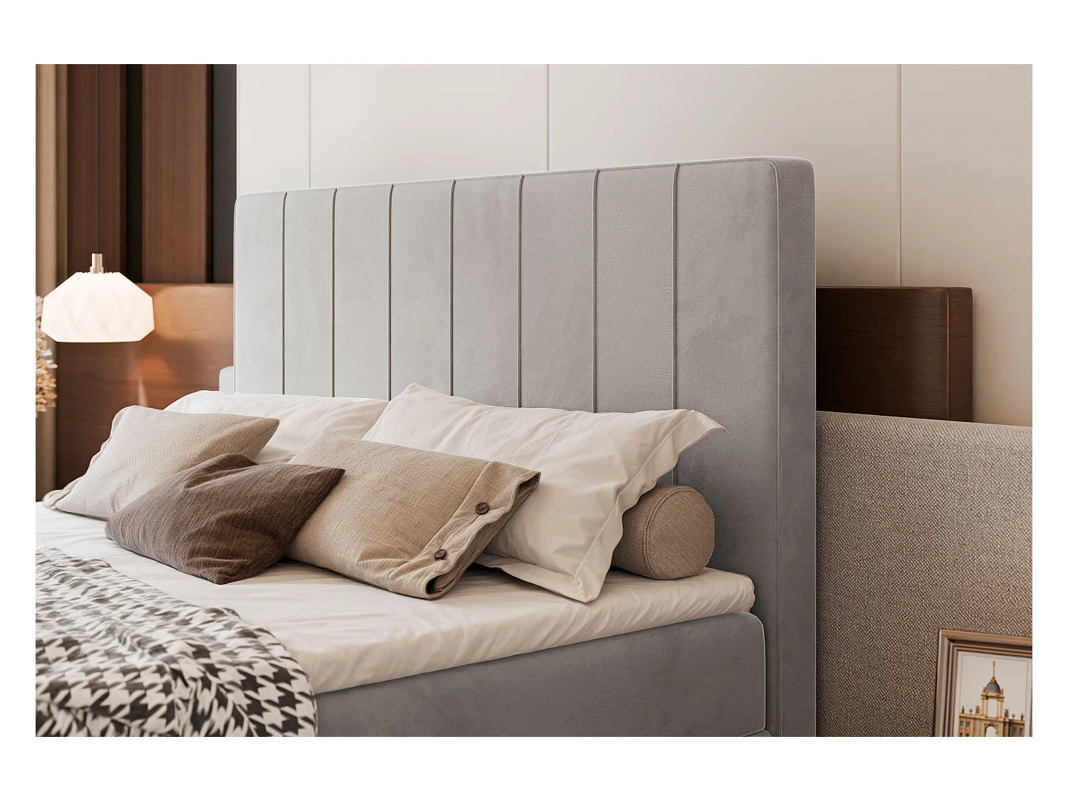 Lit continental rembourré avec surmatelas, gris clair - 200x200 - VERA