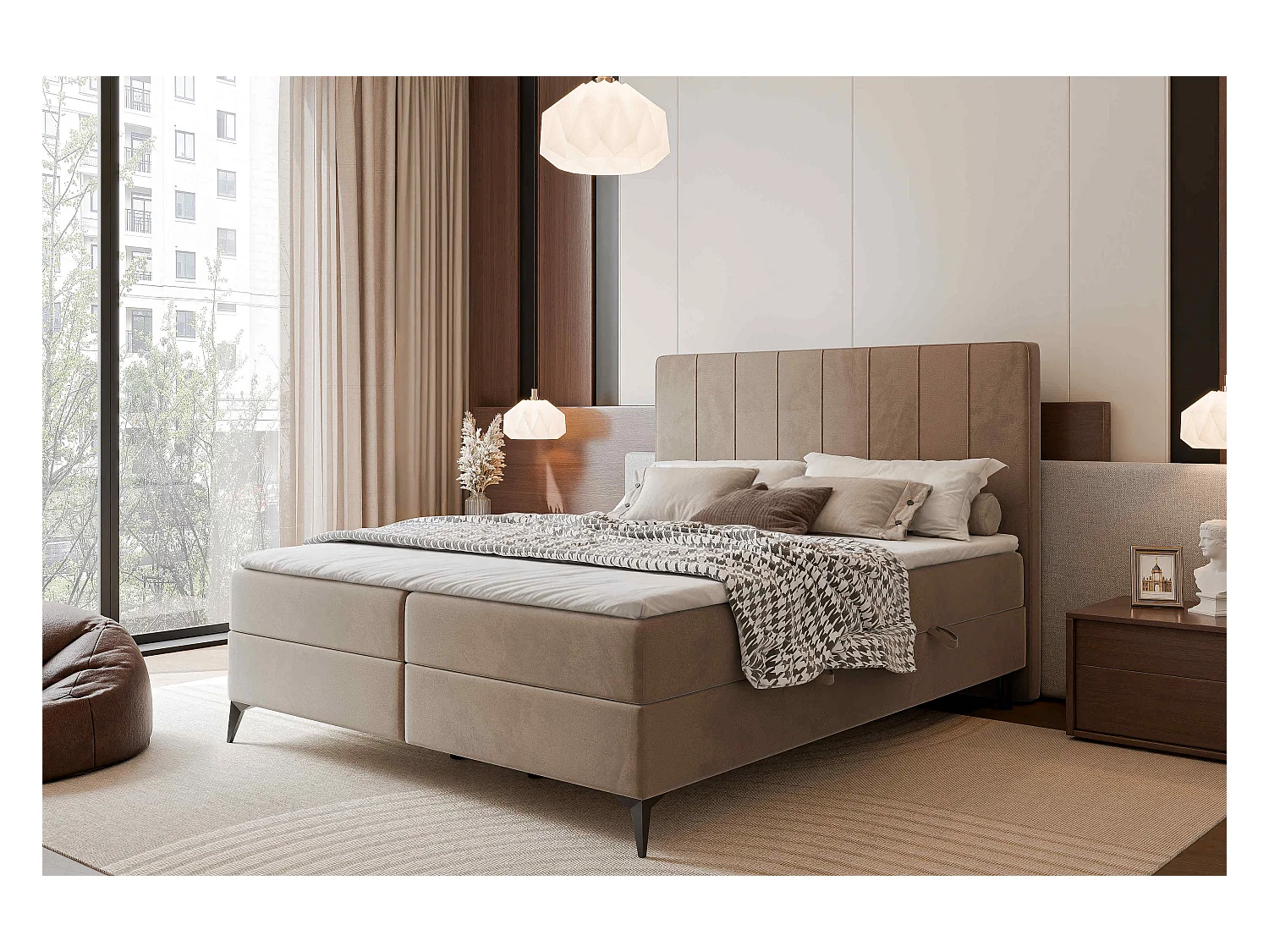 Lit continental rembourré avec surmatelas, marron - 120x200 - VERA