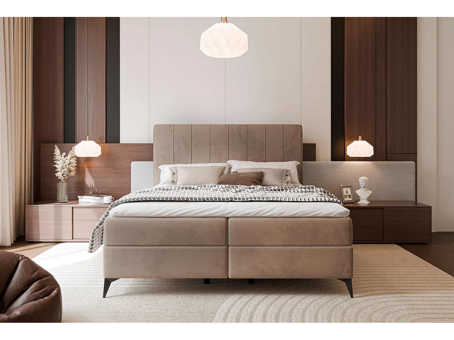 Lit continental rembourré avec surmatelas, marron - 120x200 - VERA