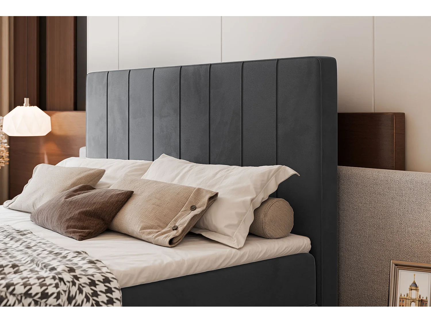 Lit continental rembourré avec surmatelas, gris anthracite - 200x200 - VERA