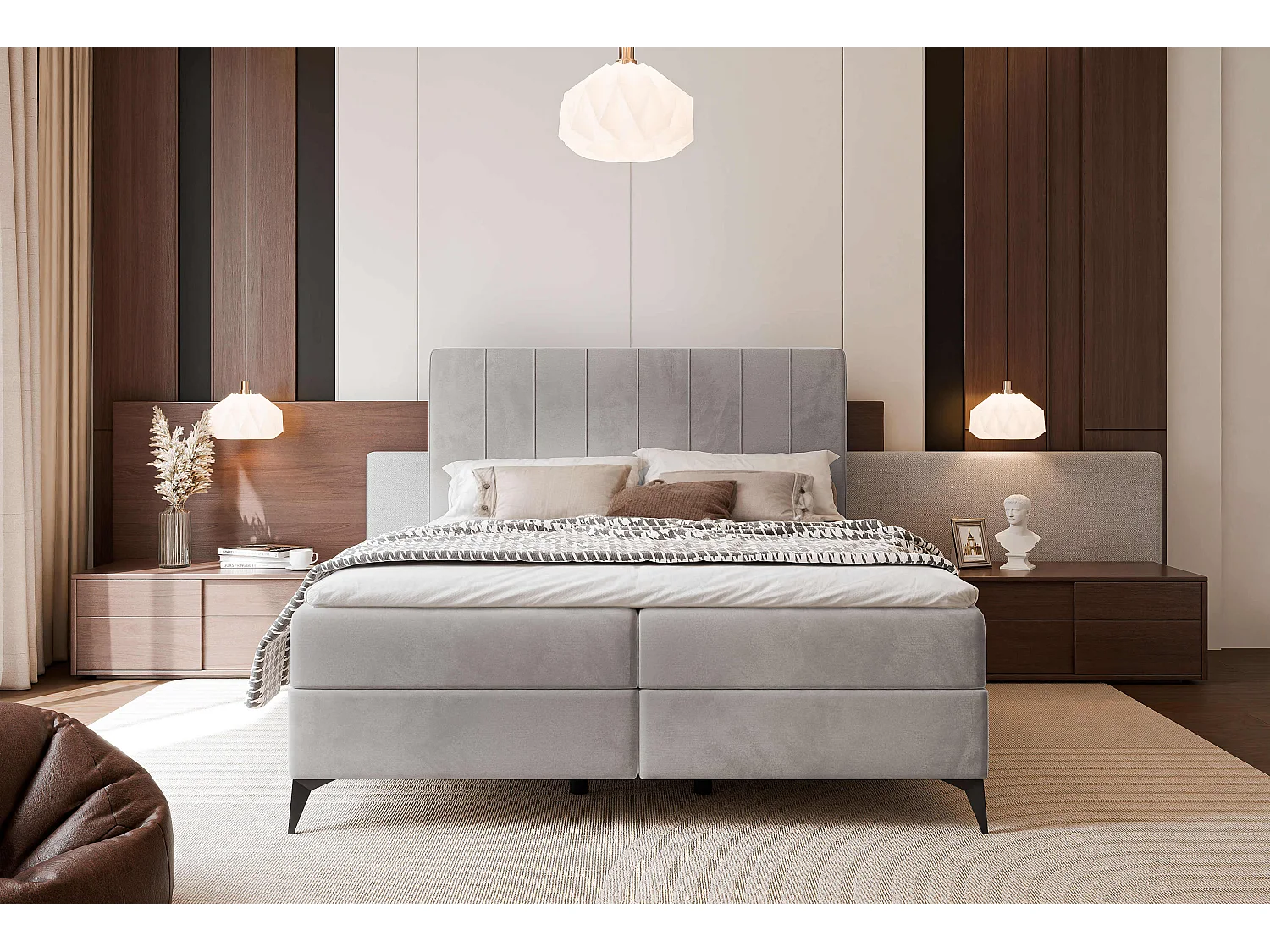 Lit continental rembourré avec surmatelas, gris clair - 180x200 - VERA