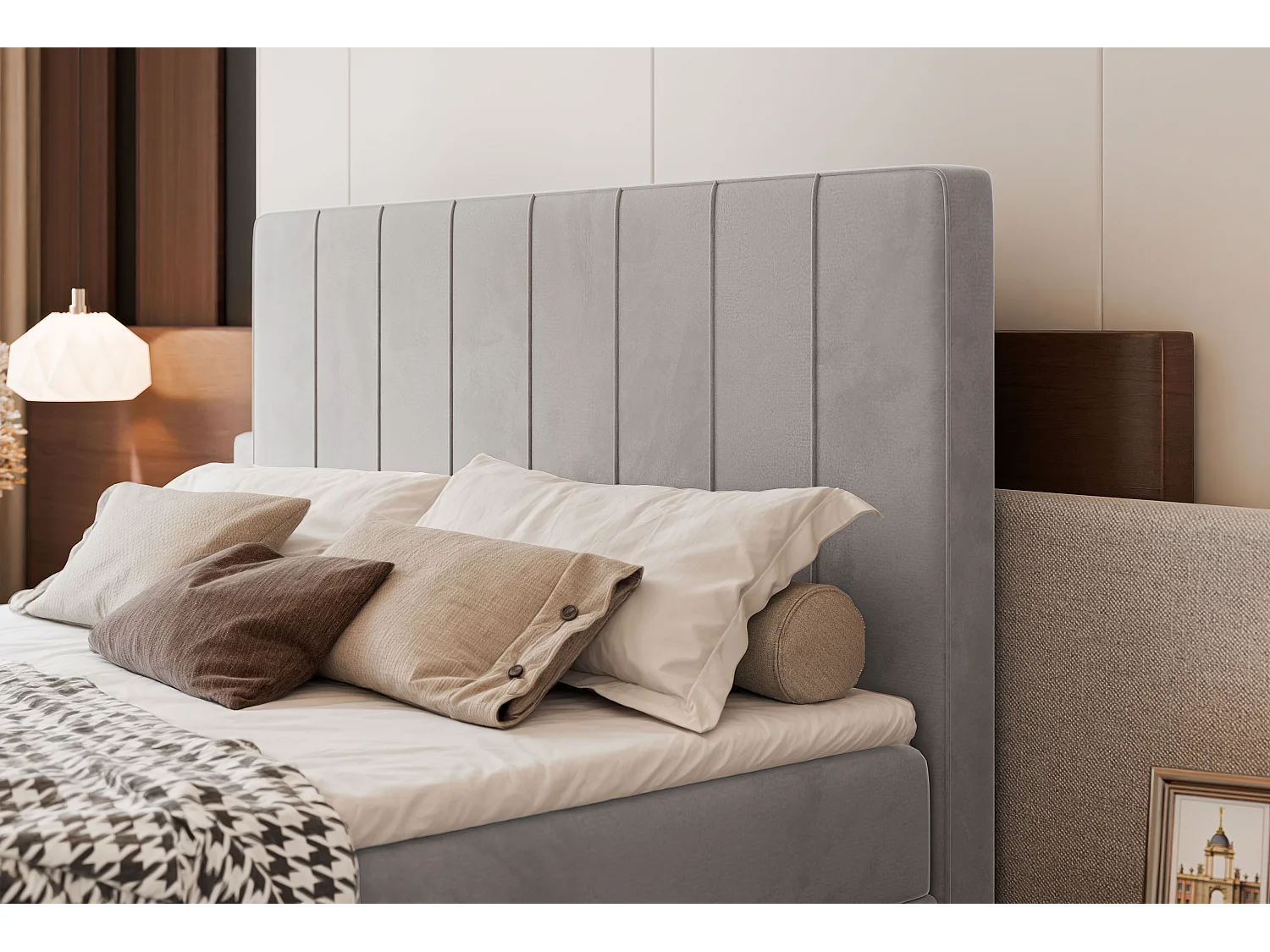 Lit continental rembourré avec surmatelas, gris - 200x200 - VERA