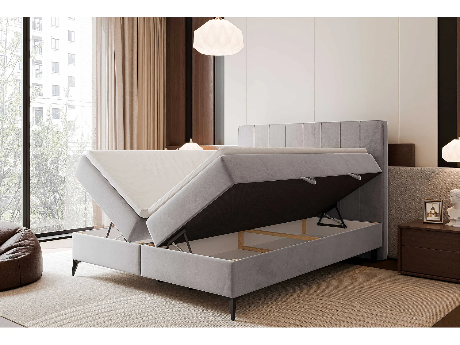 Lit continental rembourré avec surmatelas, gris - 200x200 - VERA