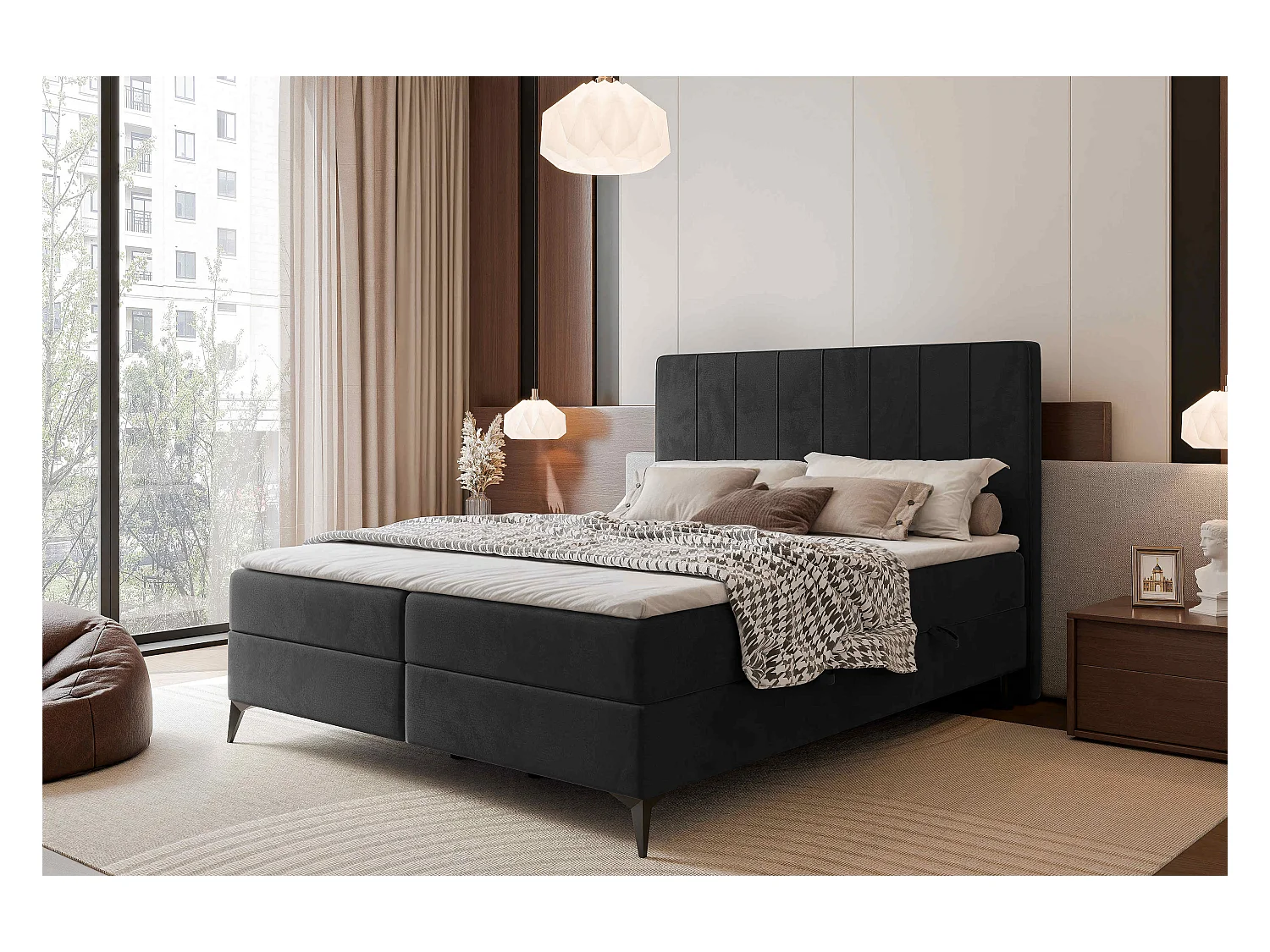 Lit continental rembourré avec surmatelas, noir - 140x200 - VERA