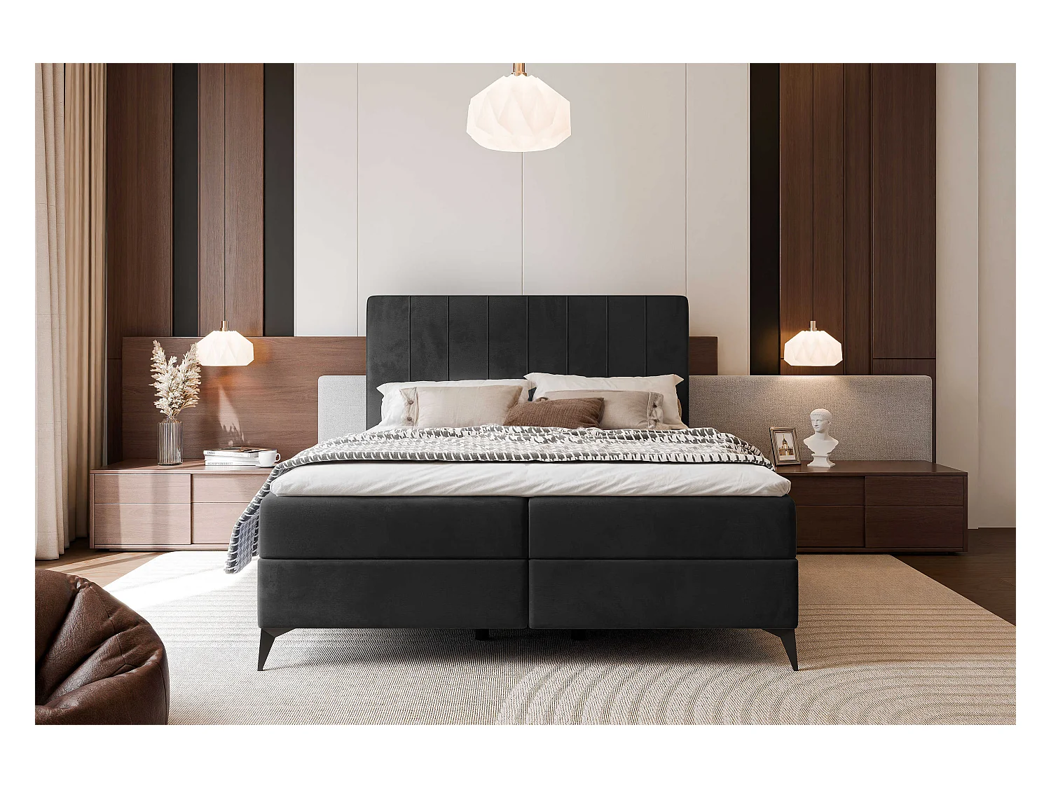 Lit continental rembourré avec surmatelas, noir - 140x200 - VERA
