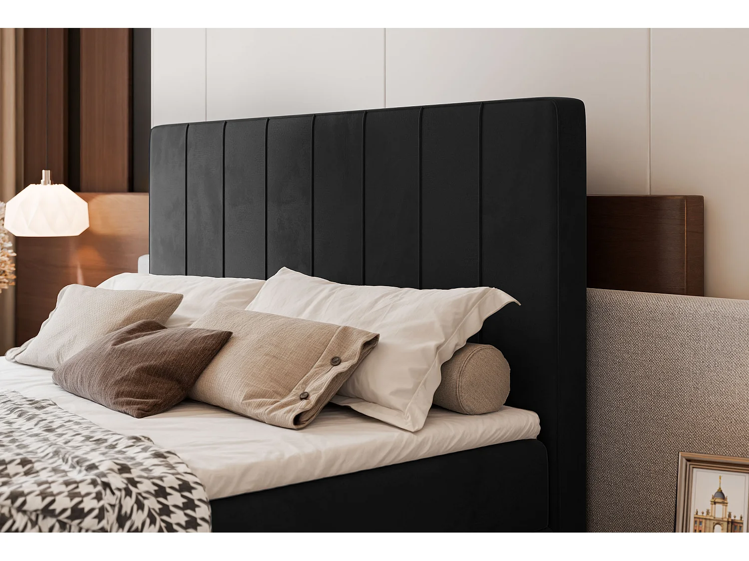 Lit continental rembourré avec surmatelas, noir - 140x200 - VERA