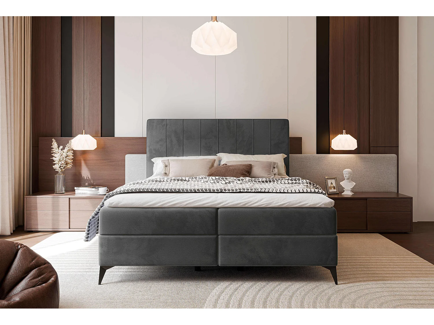 Lit continental rembourré avec surmatelas, gris anthracite - 140x200 - VERA