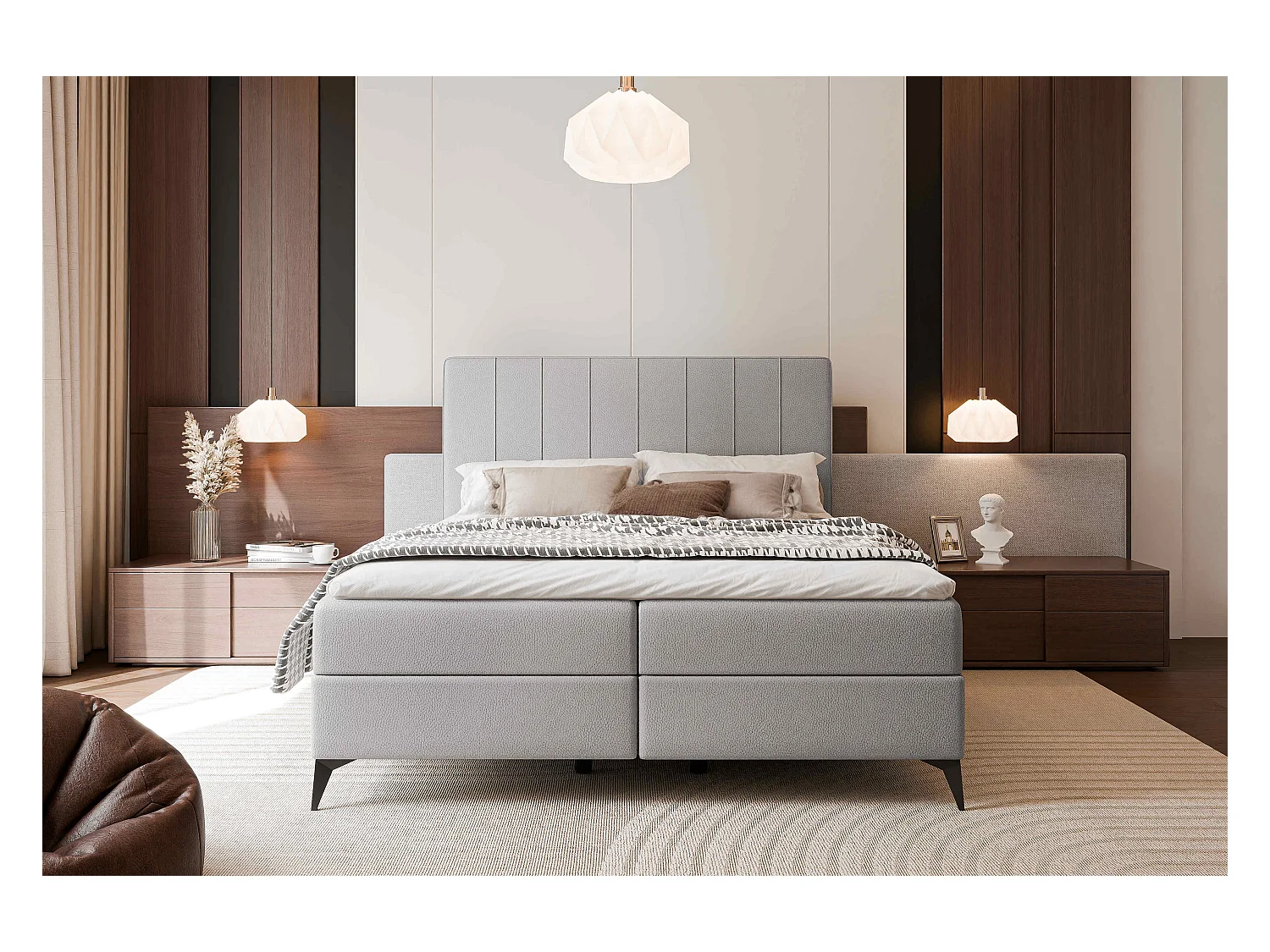 Lit continental rembourré avec surmatelas, gris  - 200x200 - VERA