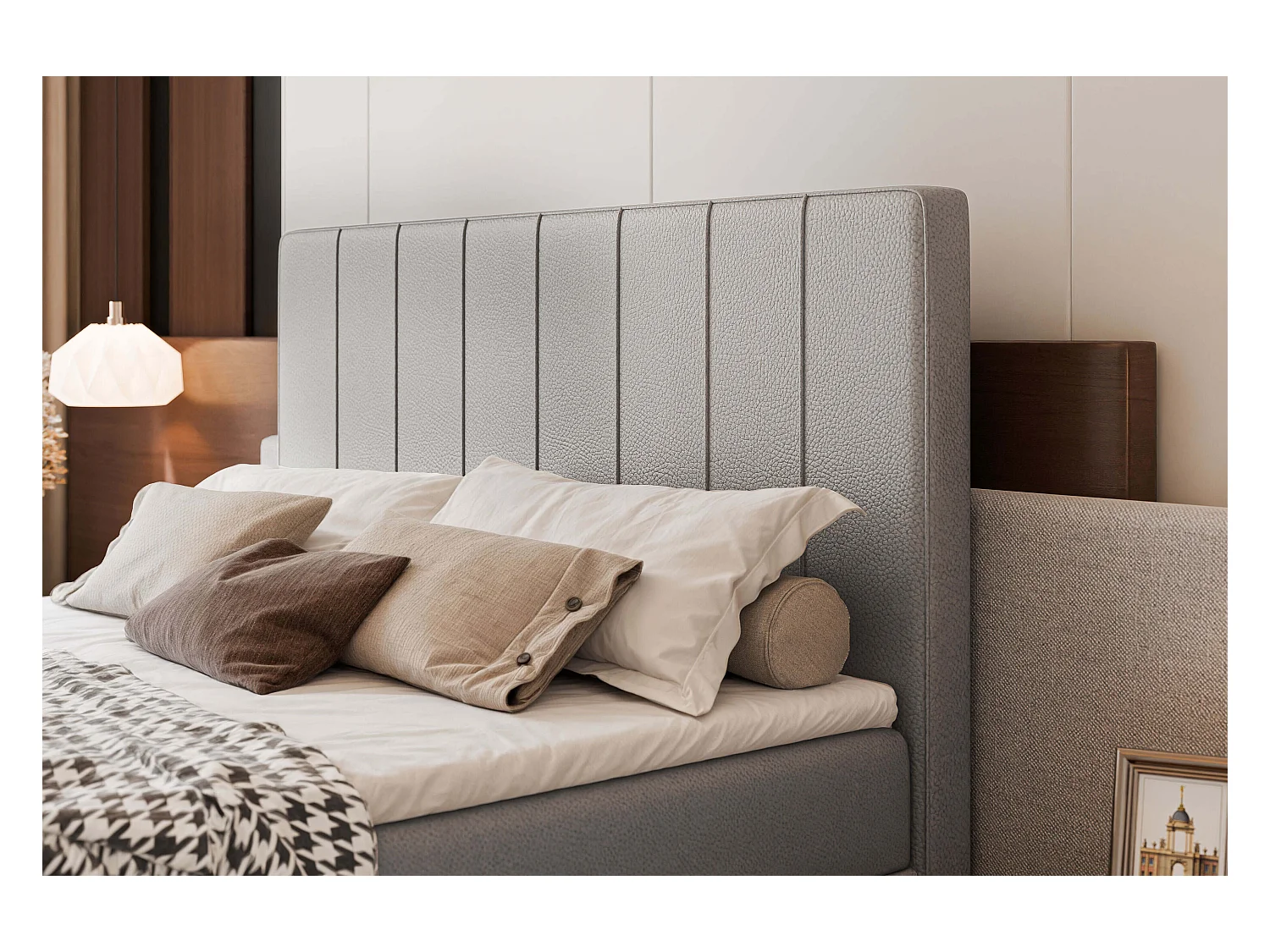 Lit continental rembourré avec surmatelas, gris  - 200x200 - VERA