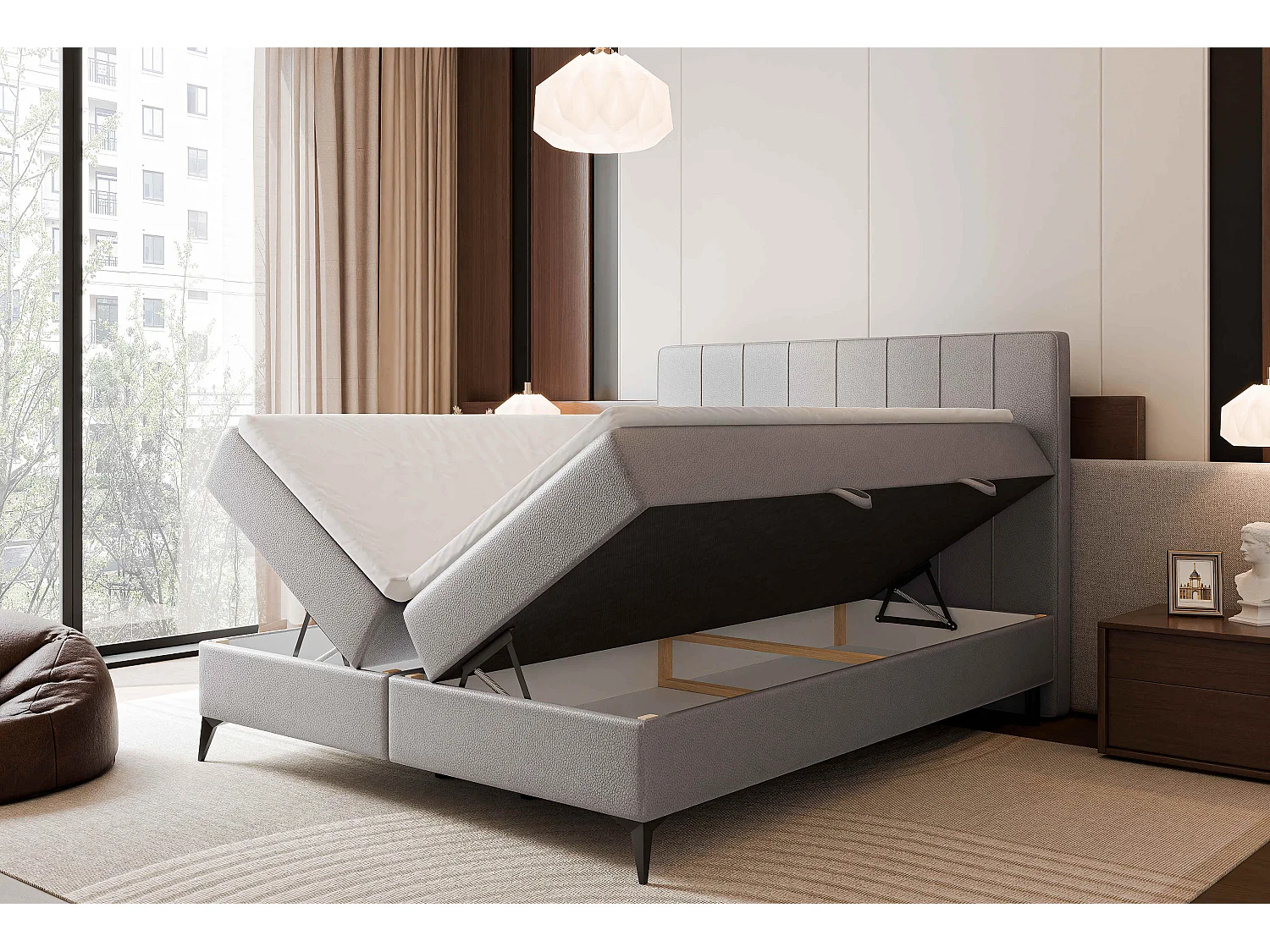 Lit continental rembourré avec surmatelas, gris  - 200x200 - VERA