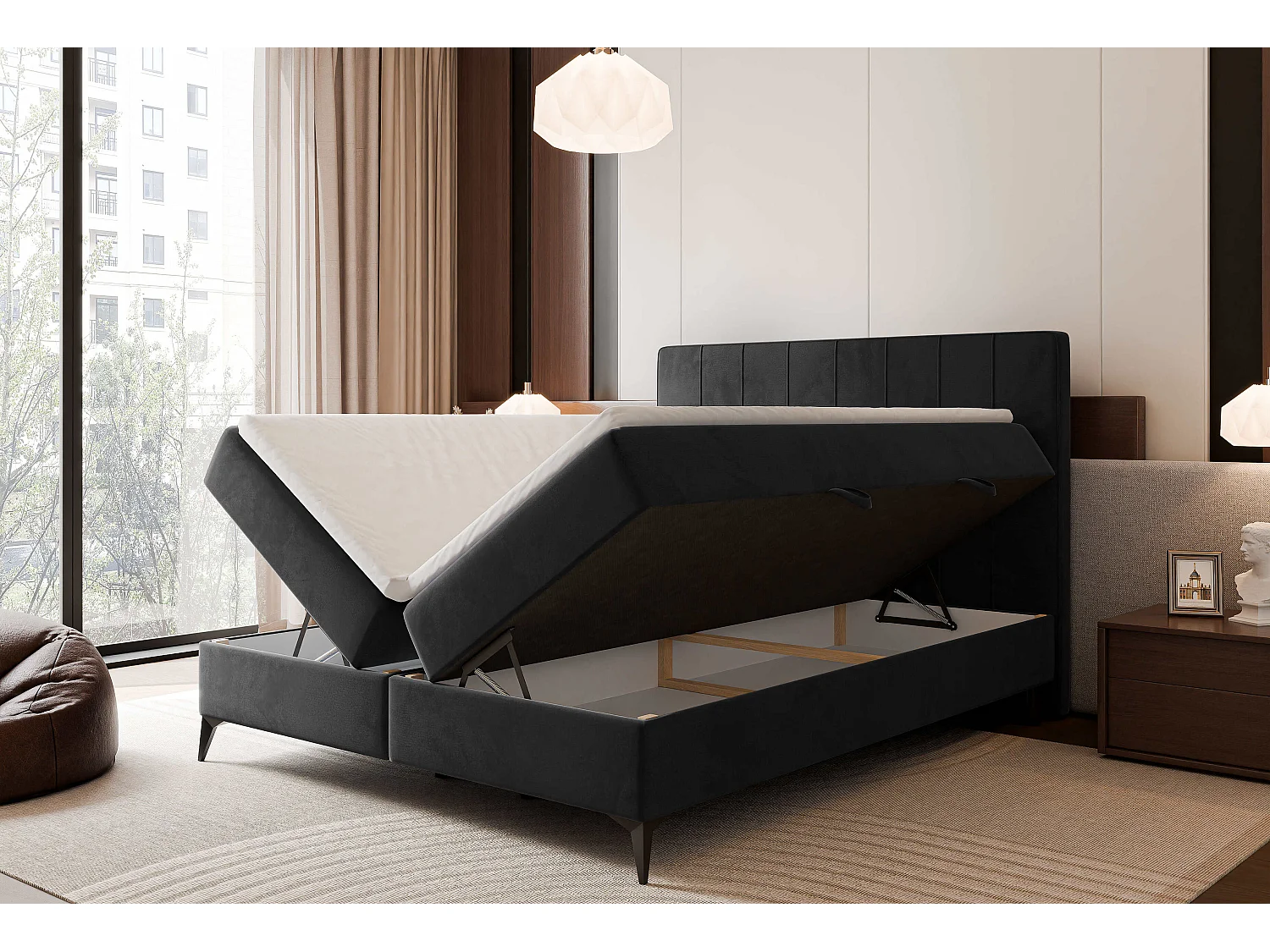 Lit continental rembourré avec surmatelas, noir - 200x200 - VERA