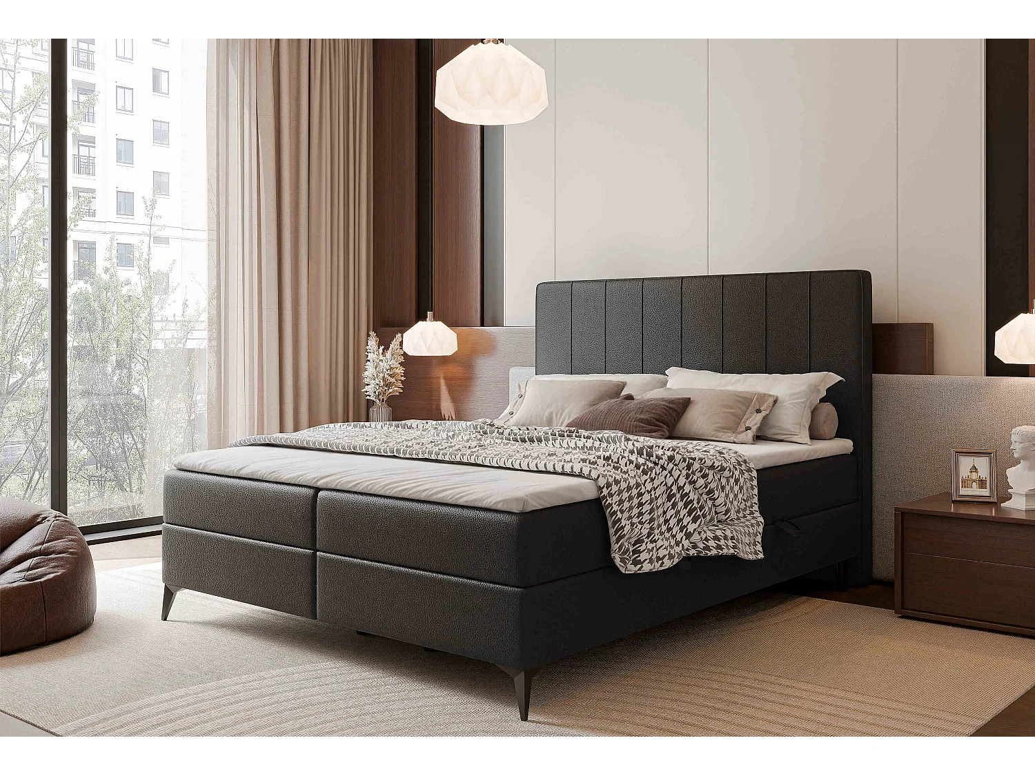 Lit continental rembourré avec surmatelas, noir  - 200x200 - VERA