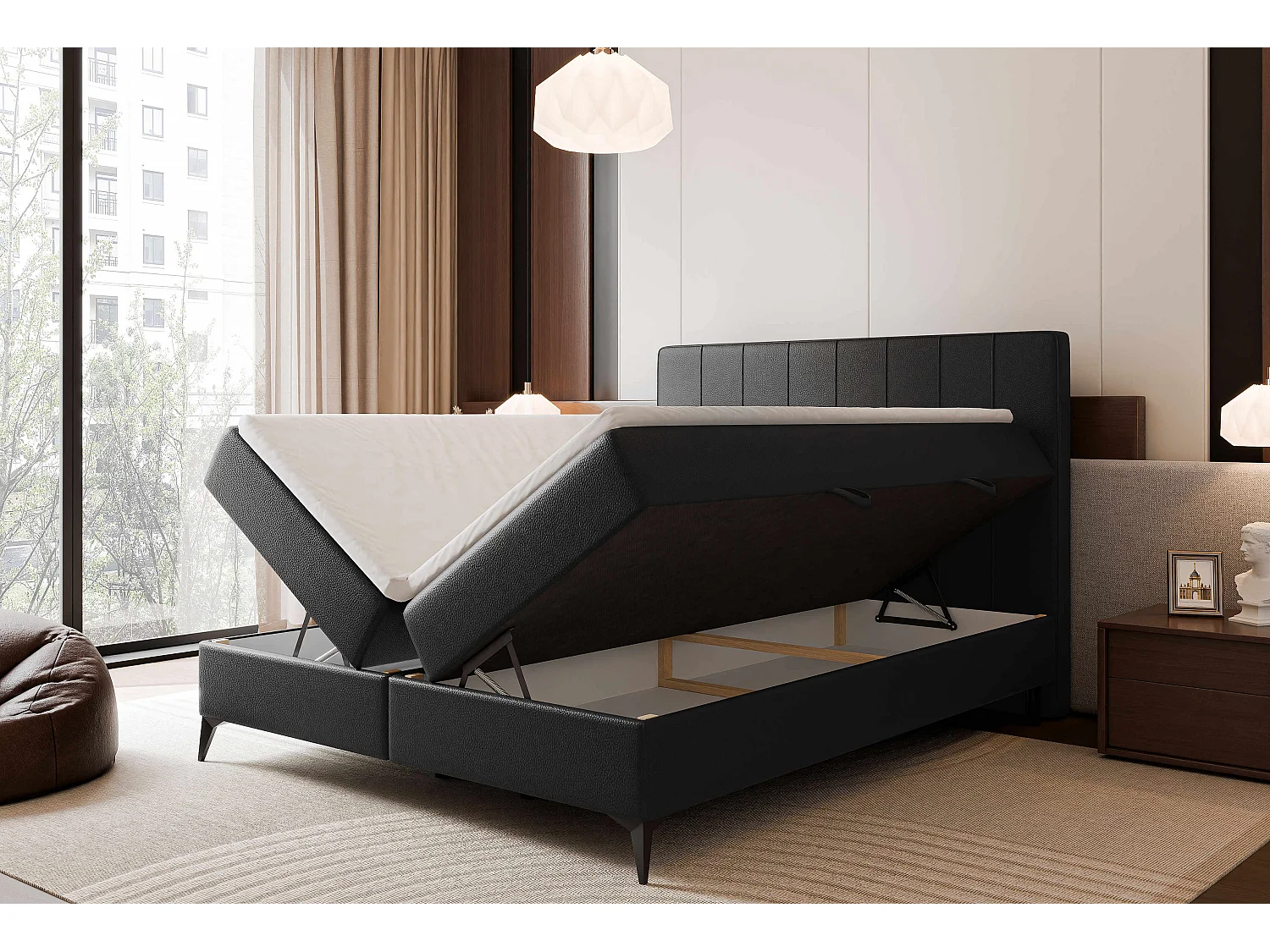 Lit continental rembourré avec surmatelas, noir  - 180x200 - VERA