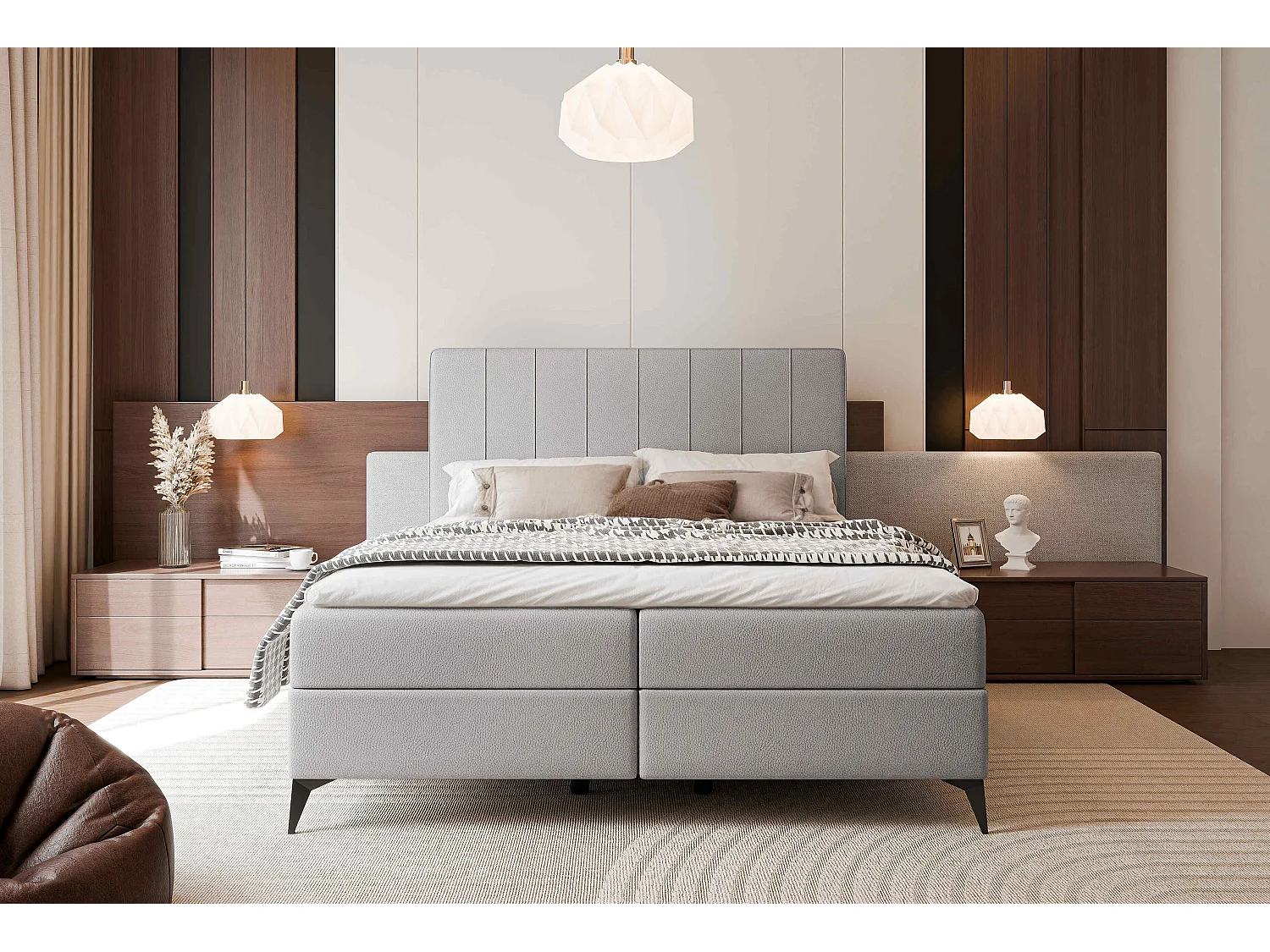 Lit continental rembourré avec surmatelas, gris  - 140x200 - VERA