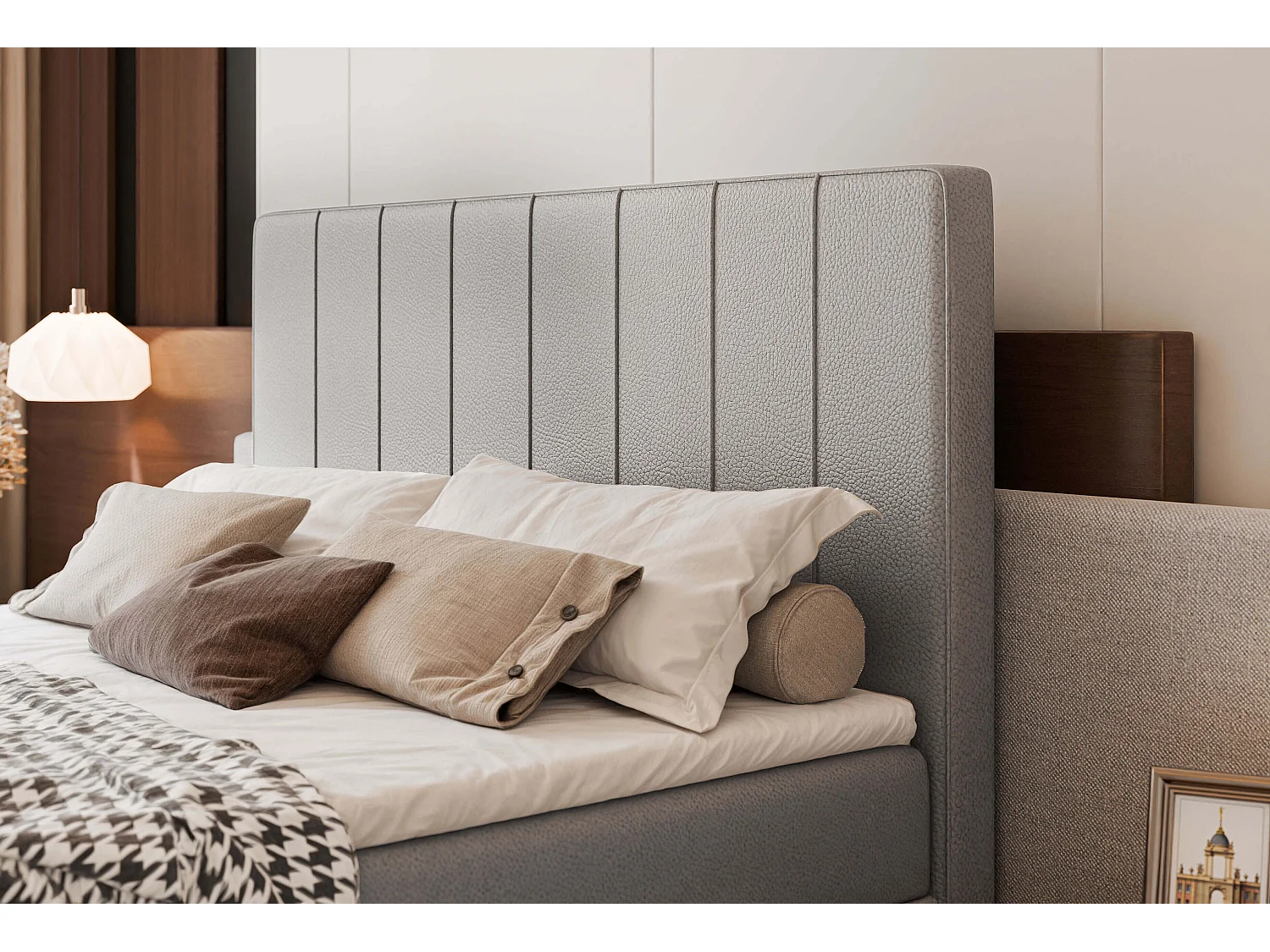 Lit continental rembourré avec surmatelas, gris  - 140x200 - VERA