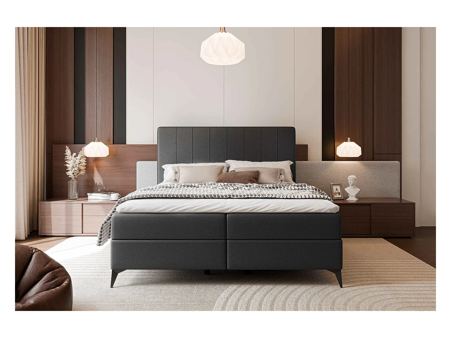 Lit continental rembourré avec surmatelas, noir  - 160x200 - VERA