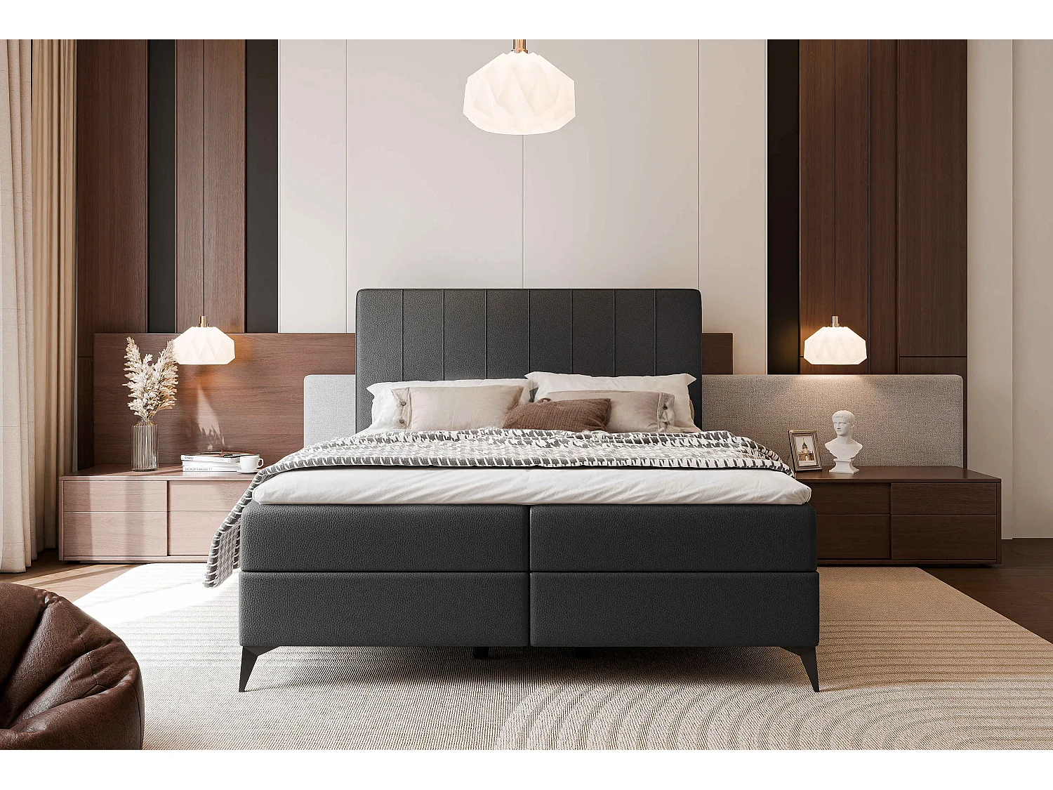 Lit continental rembourré avec surmatelas, noir  - 160x200 - VERA