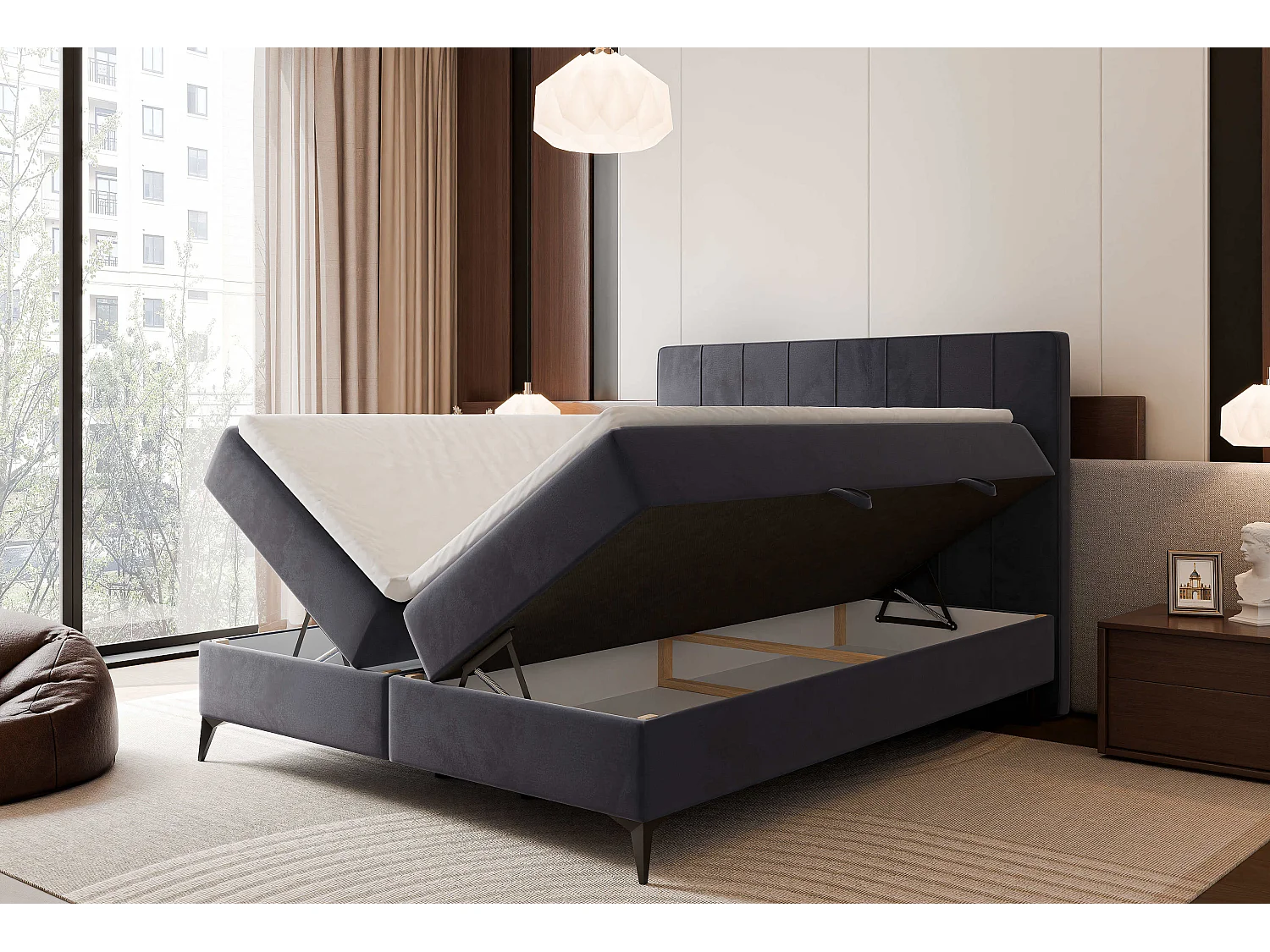 Lit continental rembourré avec surmatelas, gris anthracite - 200x200 - VERA