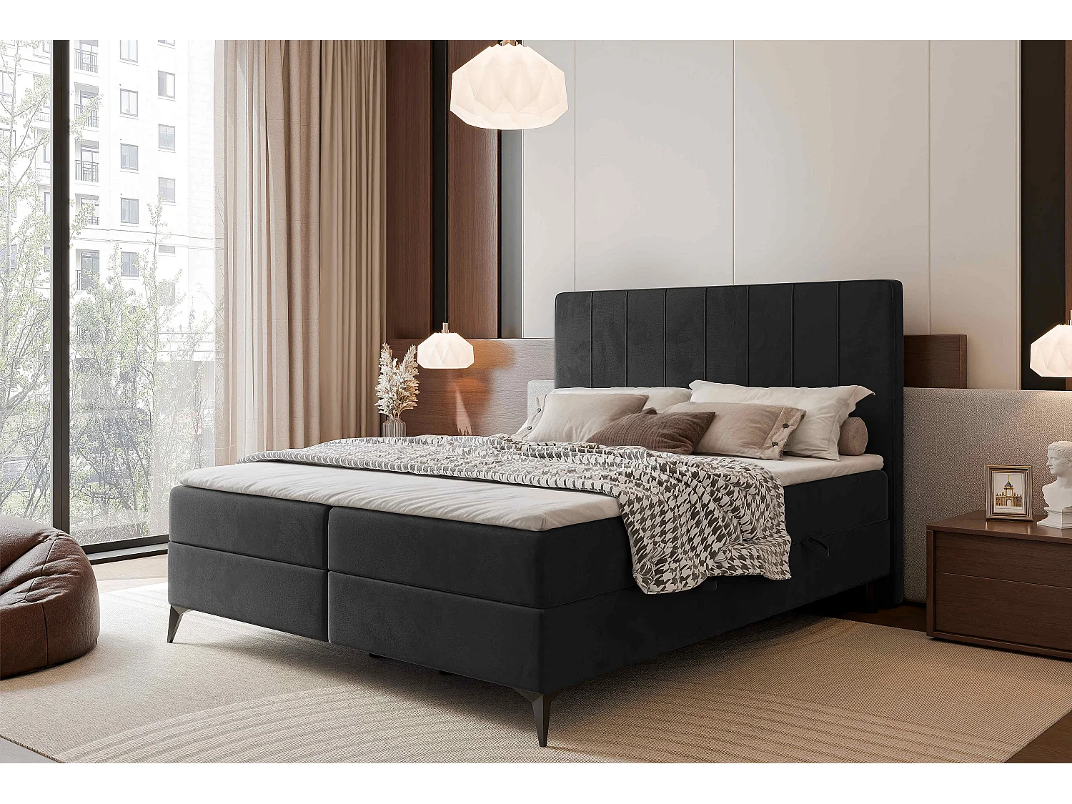 Lit continental rembourré avec surmatelas, noir - 160x200 - VERA