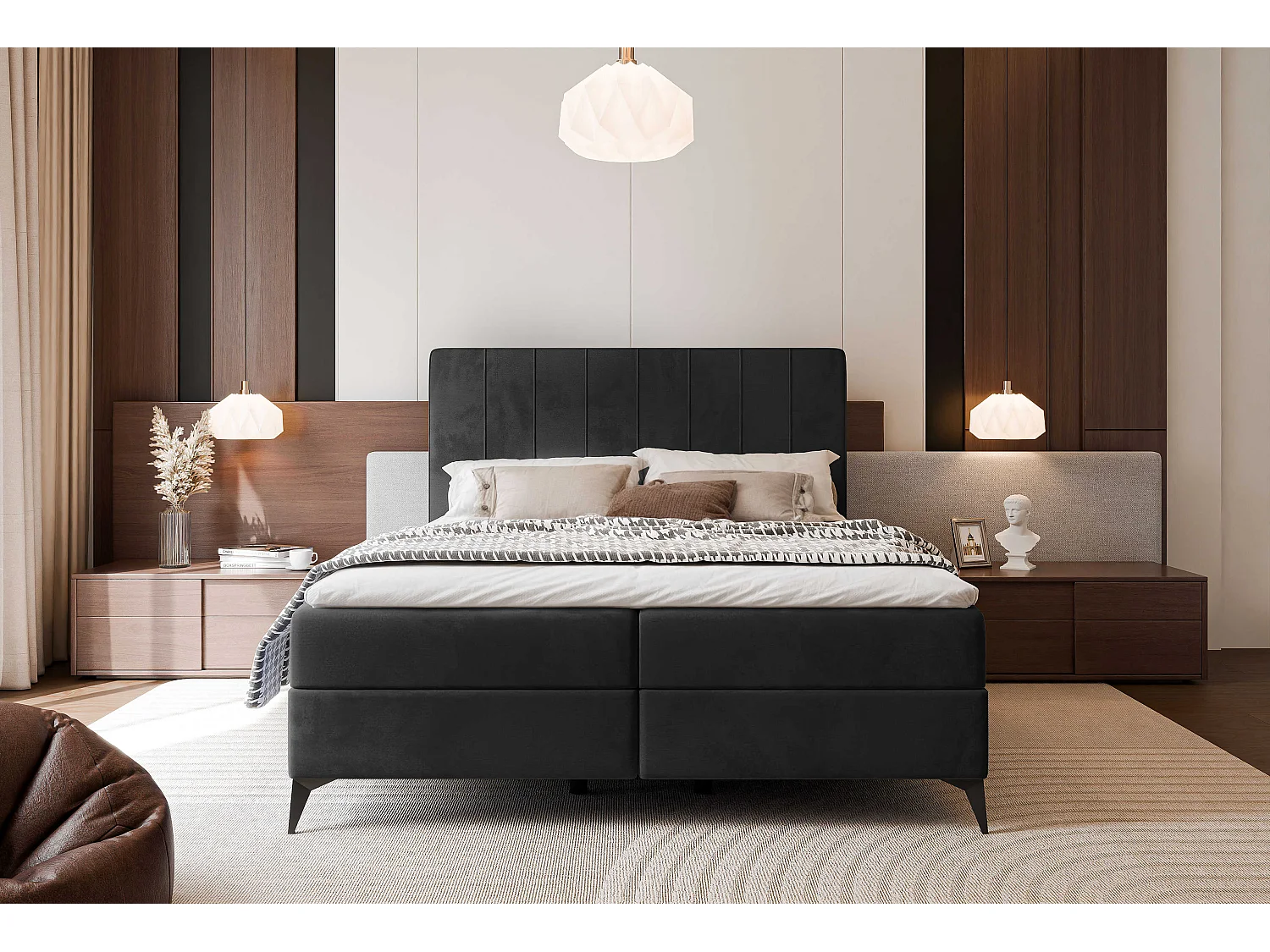 Lit continental rembourré avec surmatelas, noir - 160x200 - VERA