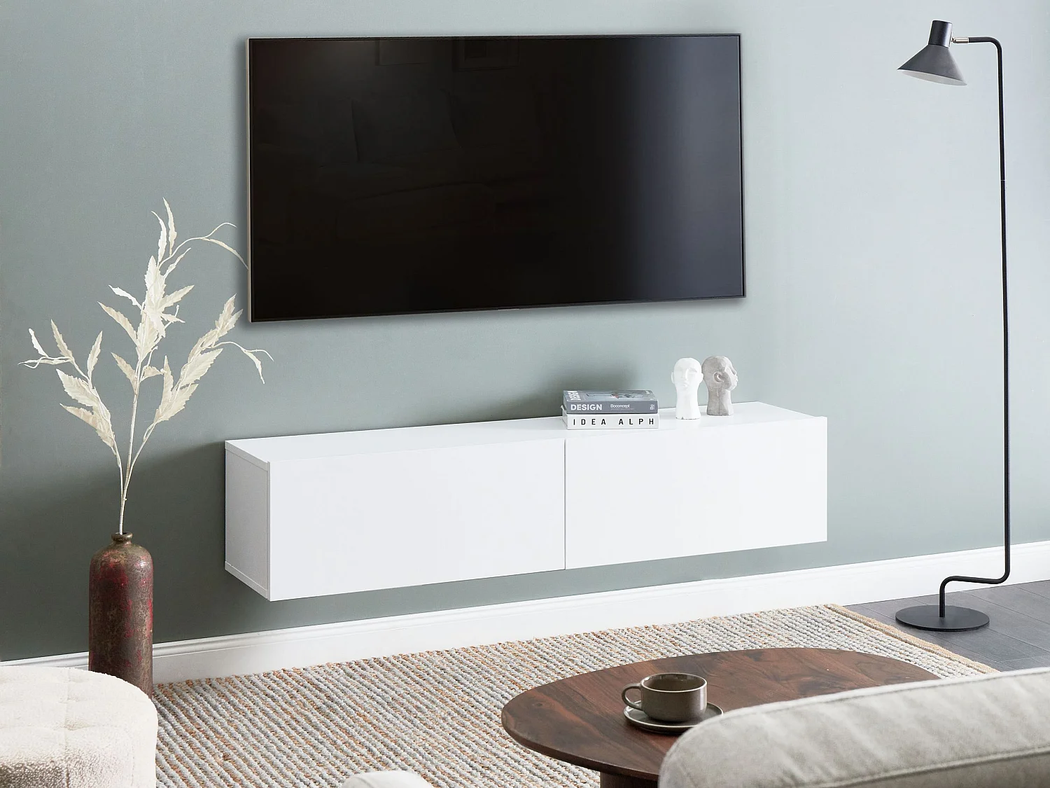 TV-Möbel schmal wandhängend weiß einfarbig 140 cm mit 2 Türen modern Gladstone