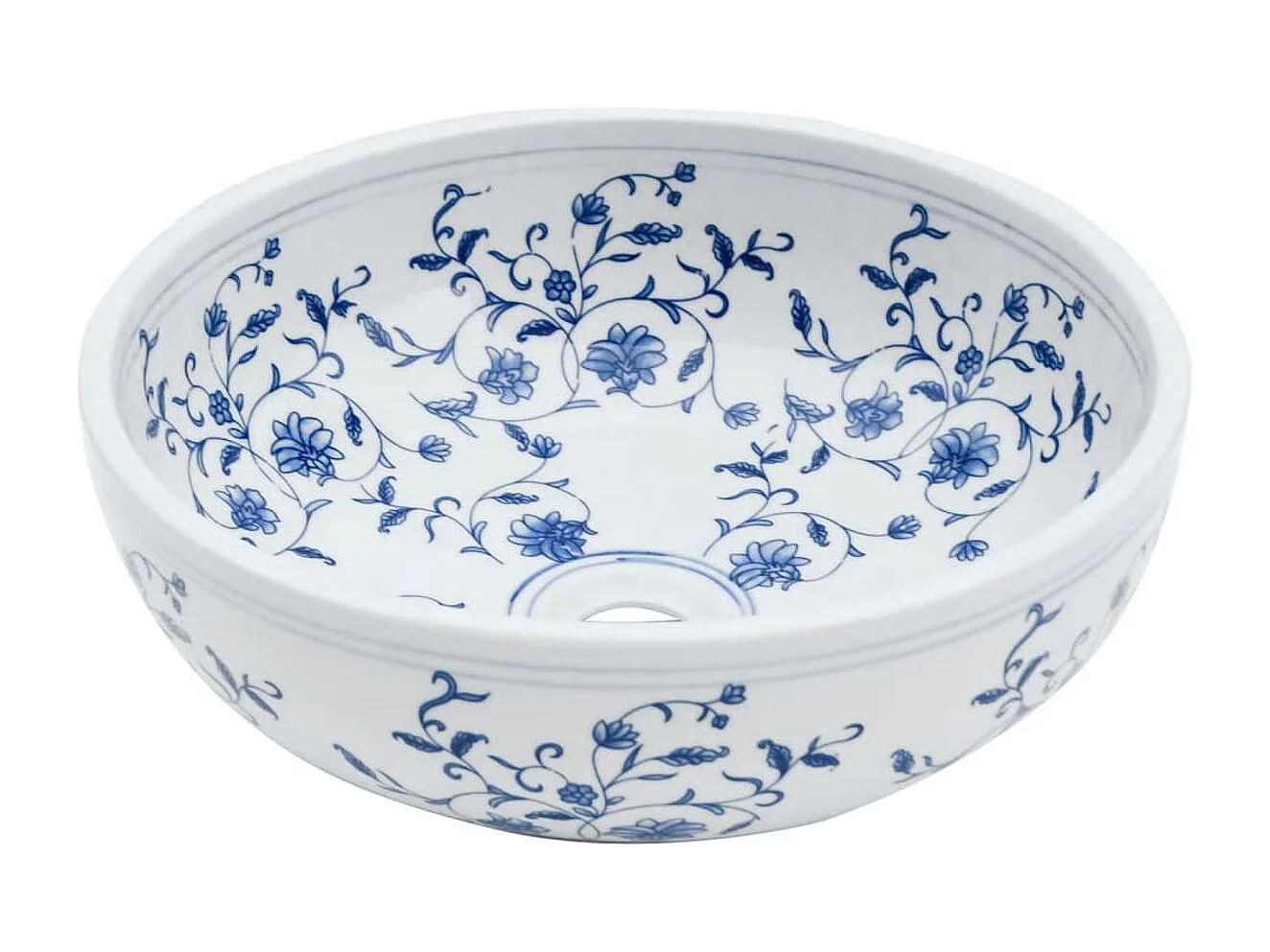 Lavatório de bancada redondo em cerâmica branca e azul - 41x14 cm