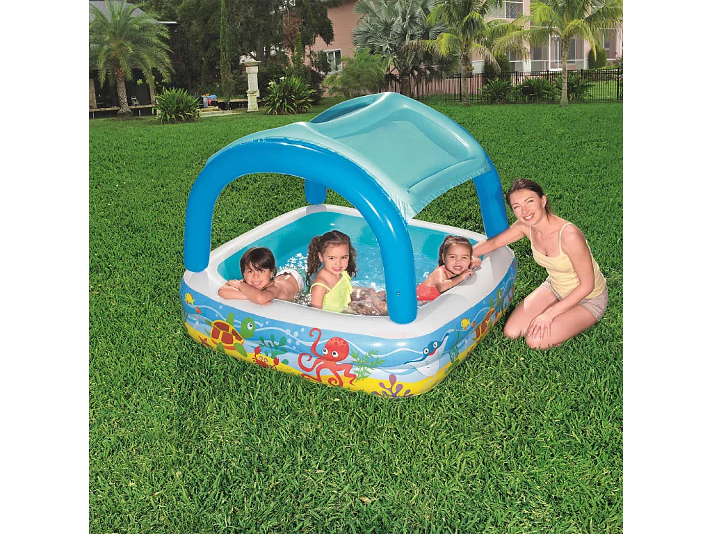 Piscina Gonfiabile Bestway con Tetto Blu 140x140x114 cm - Divertimento e Sicuro Intrattenimento Estivo