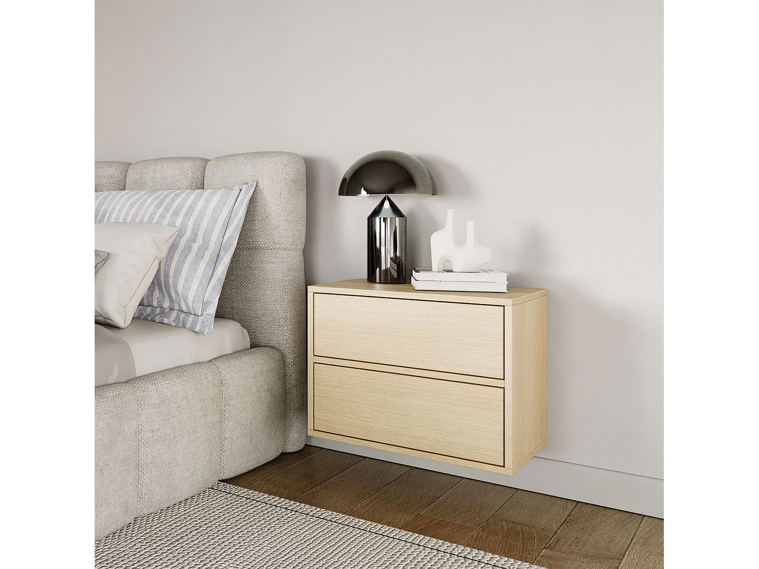 Table de chevet suspendue – avec 2 tiroirs – effet bois chêne – 50 cm – FRAMME