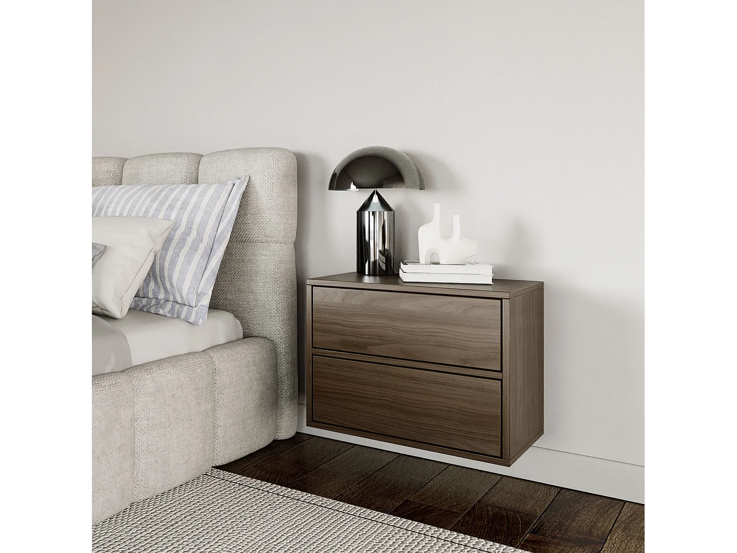 Table de chevet suspendue – avec 2 tiroirs – effet bois noyer – 50 cm – FRAMME