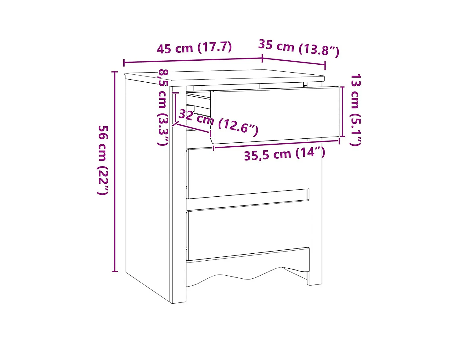 Cabinet de chevet Chêne 45 x 35 x 56 cm Bois massif en pin