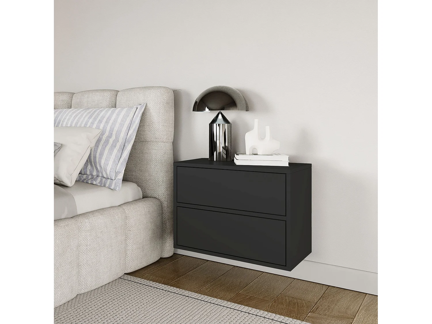 Table de chevet suspendue – avec 2 tiroirs – noir – 50 cm – FRAMME