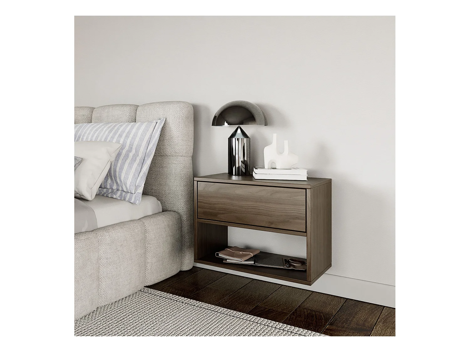 Table de chevet suspendue – avec tiroir et niche – effet bois noyer – 50 cm – FRAMME