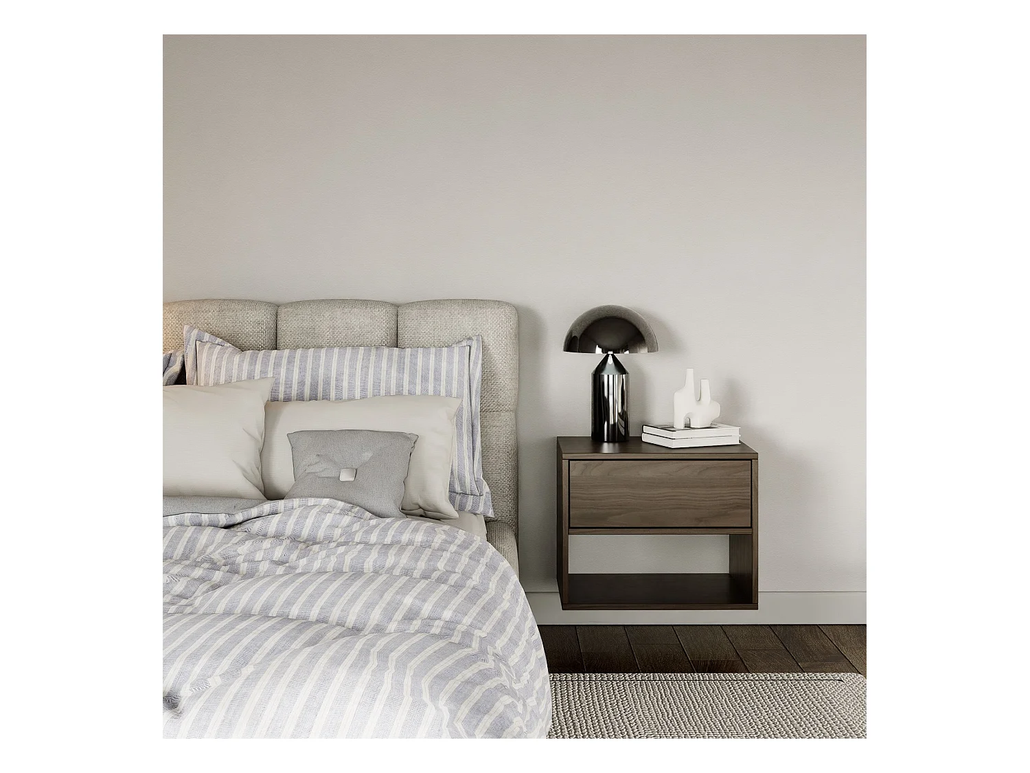 Comodino sospeso – con cassetto e vano – effetto legno noce – 50 cm – FRAMME