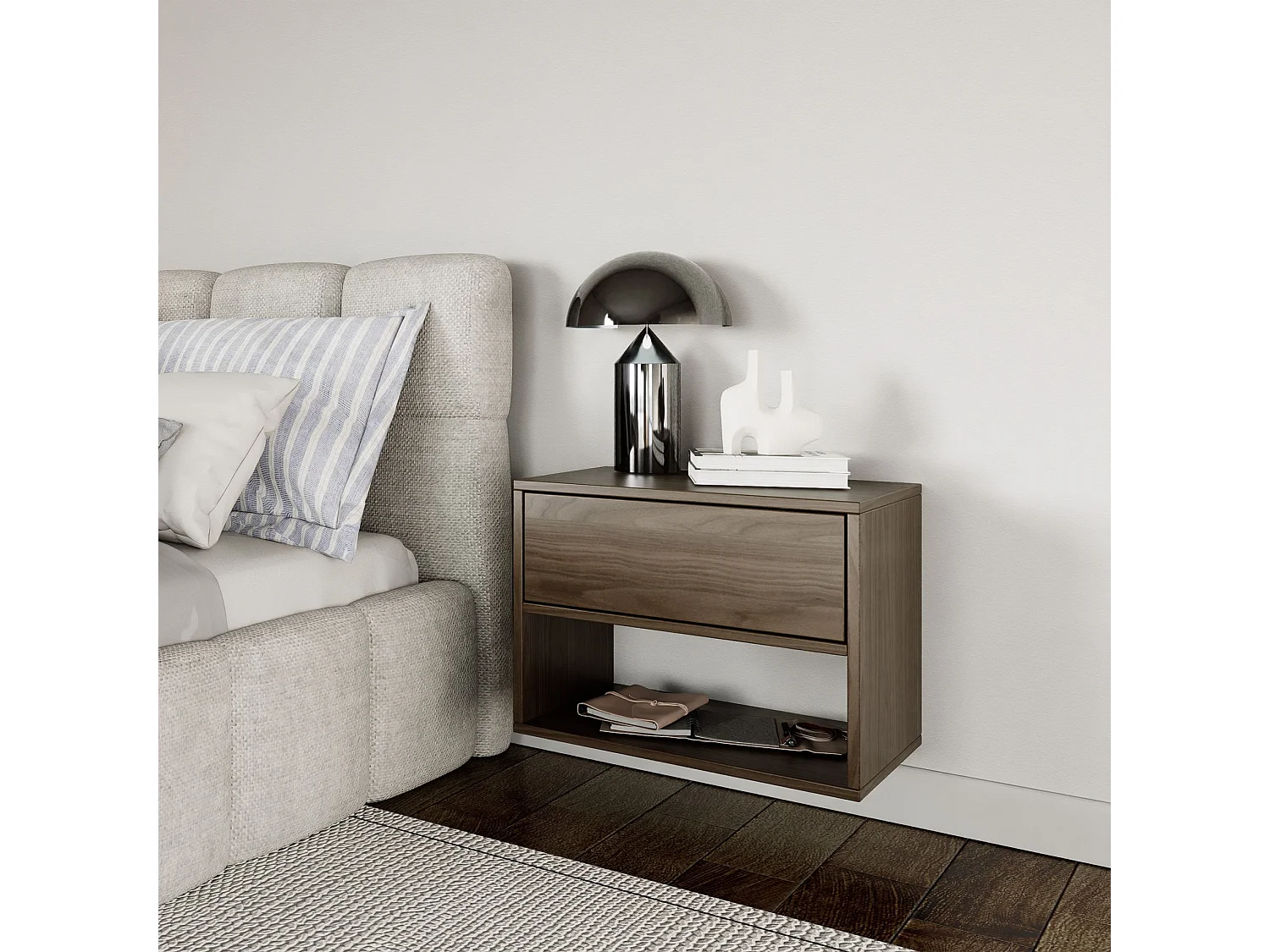 Table de chevet suspendue – avec tiroir et niche – effet bois noyer – 50 cm – FRAMME