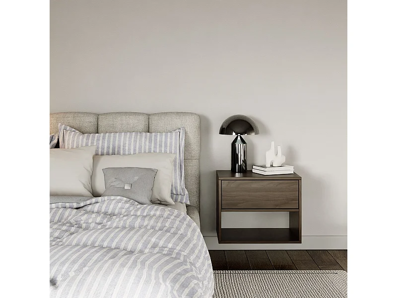 Table de chevet suspendue – avec tiroir et niche – effet bois noyer – 50 cm – FRAMME