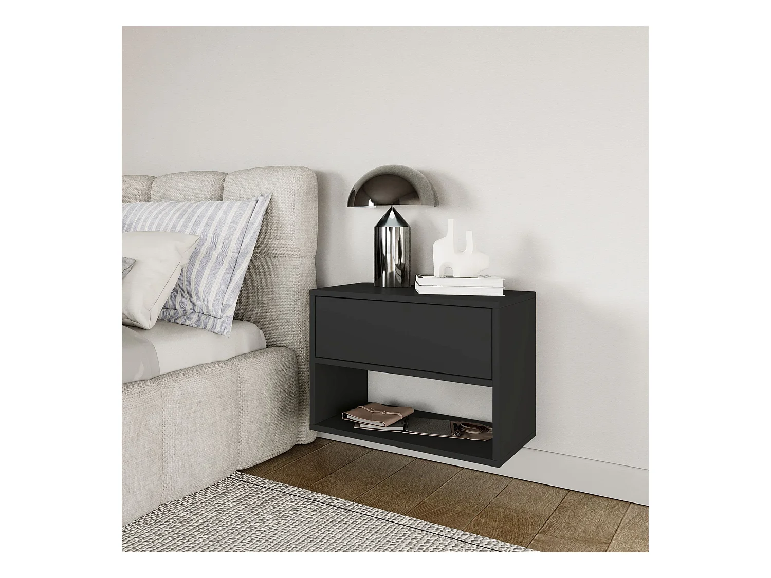 Table de chevet suspendue – avec tiroir et niche – noir – 50 cm – FRAMME