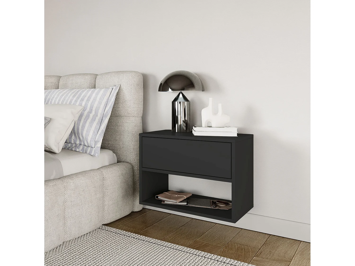 Table de chevet suspendue – avec tiroir et niche – noir – 50 cm – FRAMME