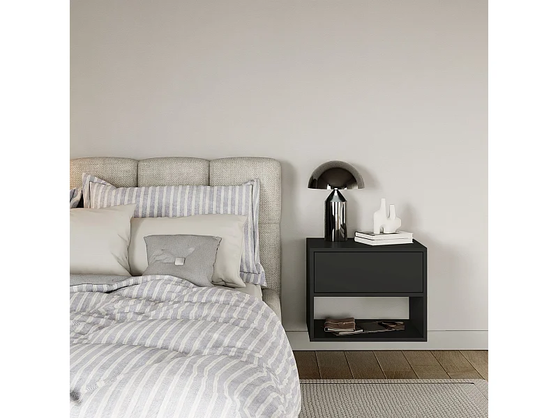 Table de chevet suspendue – avec tiroir et niche – noir – 50 cm – FRAMME