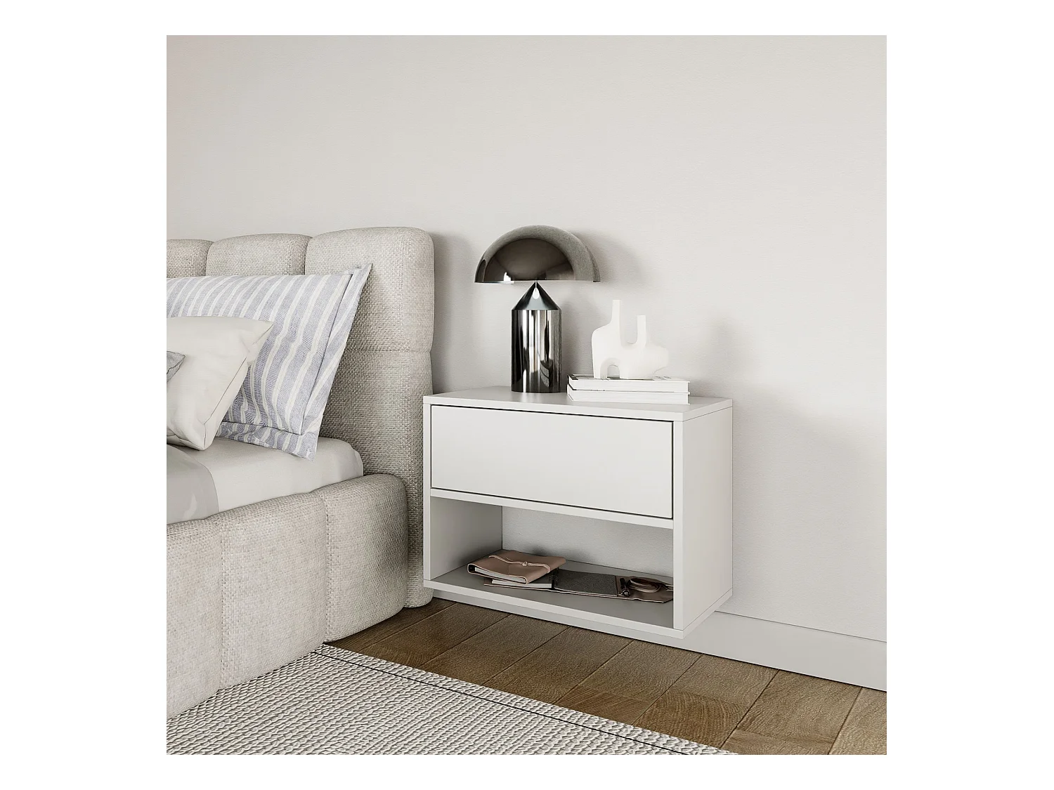 Table de chevet suspendue – avec tiroir et niche – blanc – 50 cm – FRAMME