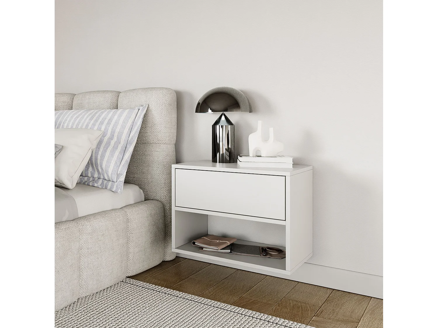 Table de chevet suspendue – avec tiroir et niche – blanc – 50 cm – FRAMME