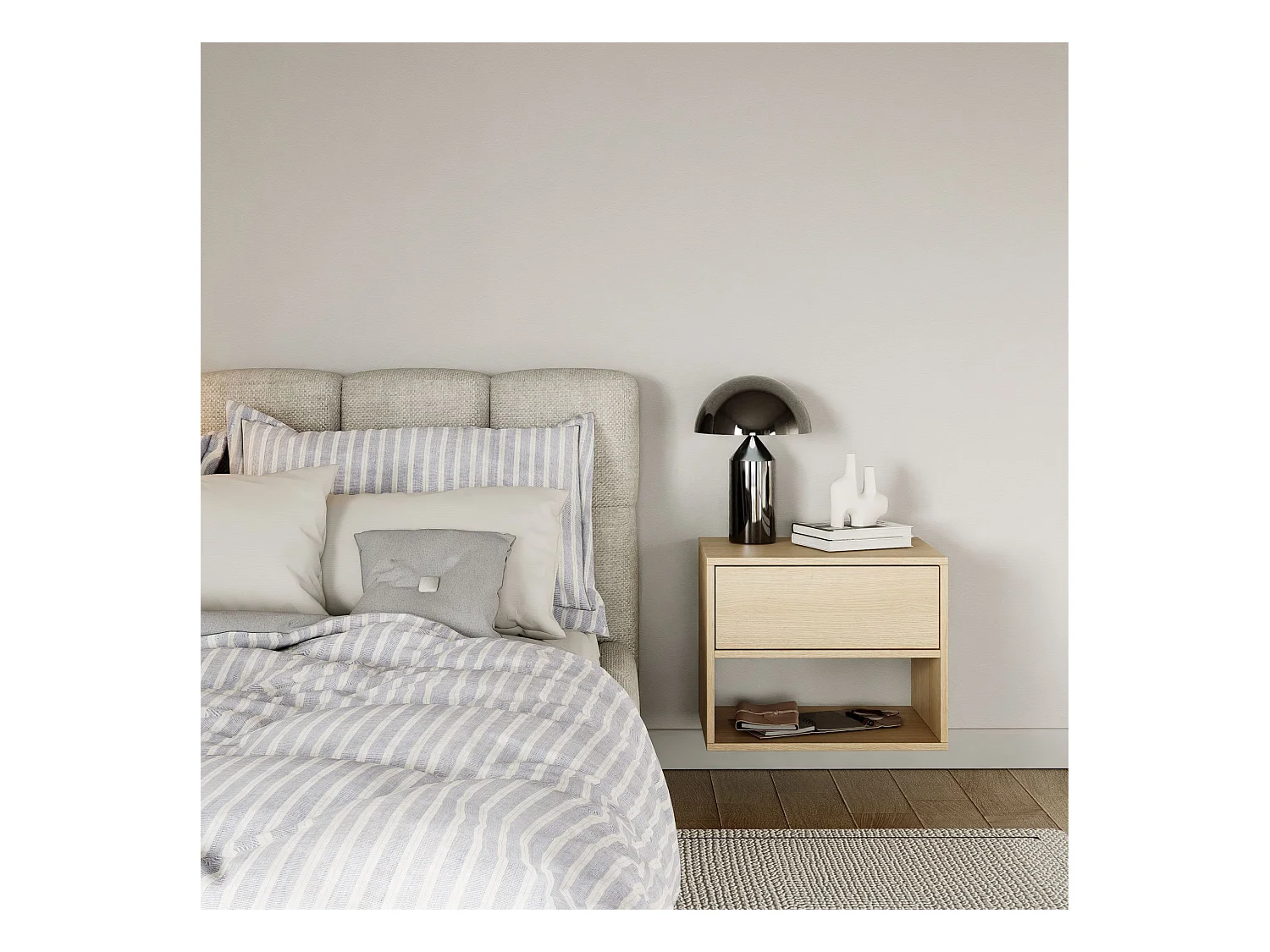 Table de chevet suspendue – avec tiroir et niche – effet bois chêne – 50 cm – FRAMME