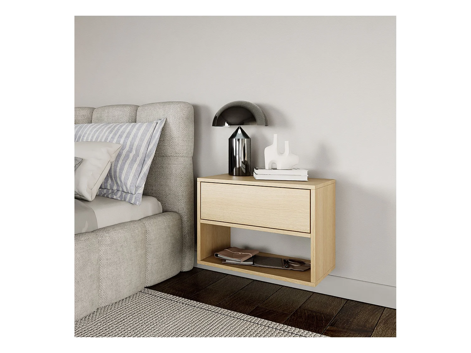 Table de chevet suspendue – avec tiroir et niche – effet bois chêne – 50 cm – FRAMME