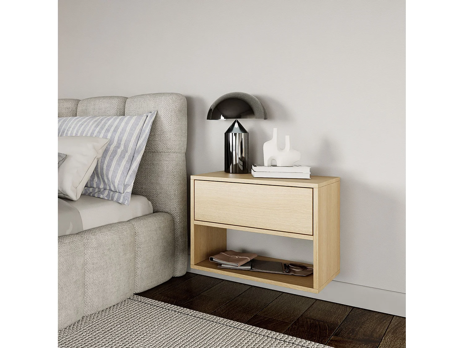 Table de chevet suspendue – avec tiroir et niche – effet bois chêne – 50 cm – FRAMME